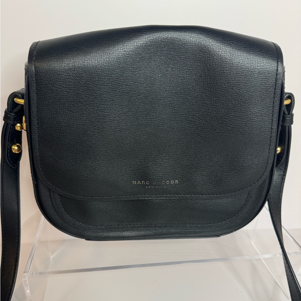 Marc Jacobs Black Leather Crossbody Saddle-Style Bag with Gold Hardware